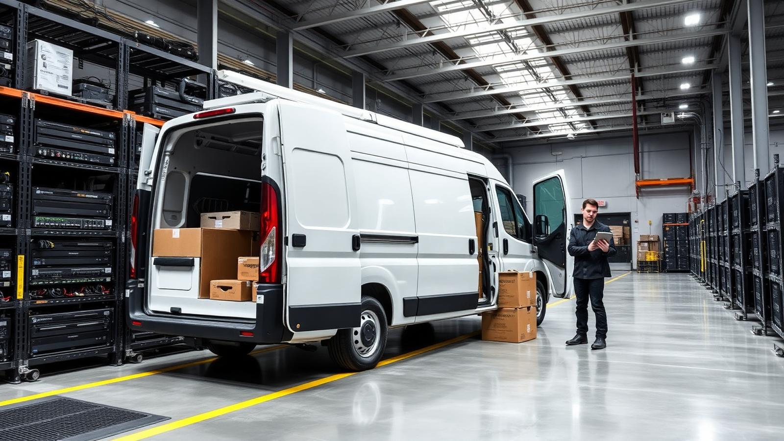 Camioneta cargando equipamiento tecnológico en depósito