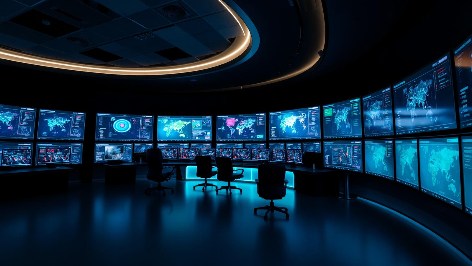 Centro de monitoreo con tableros de telemetría y mapas